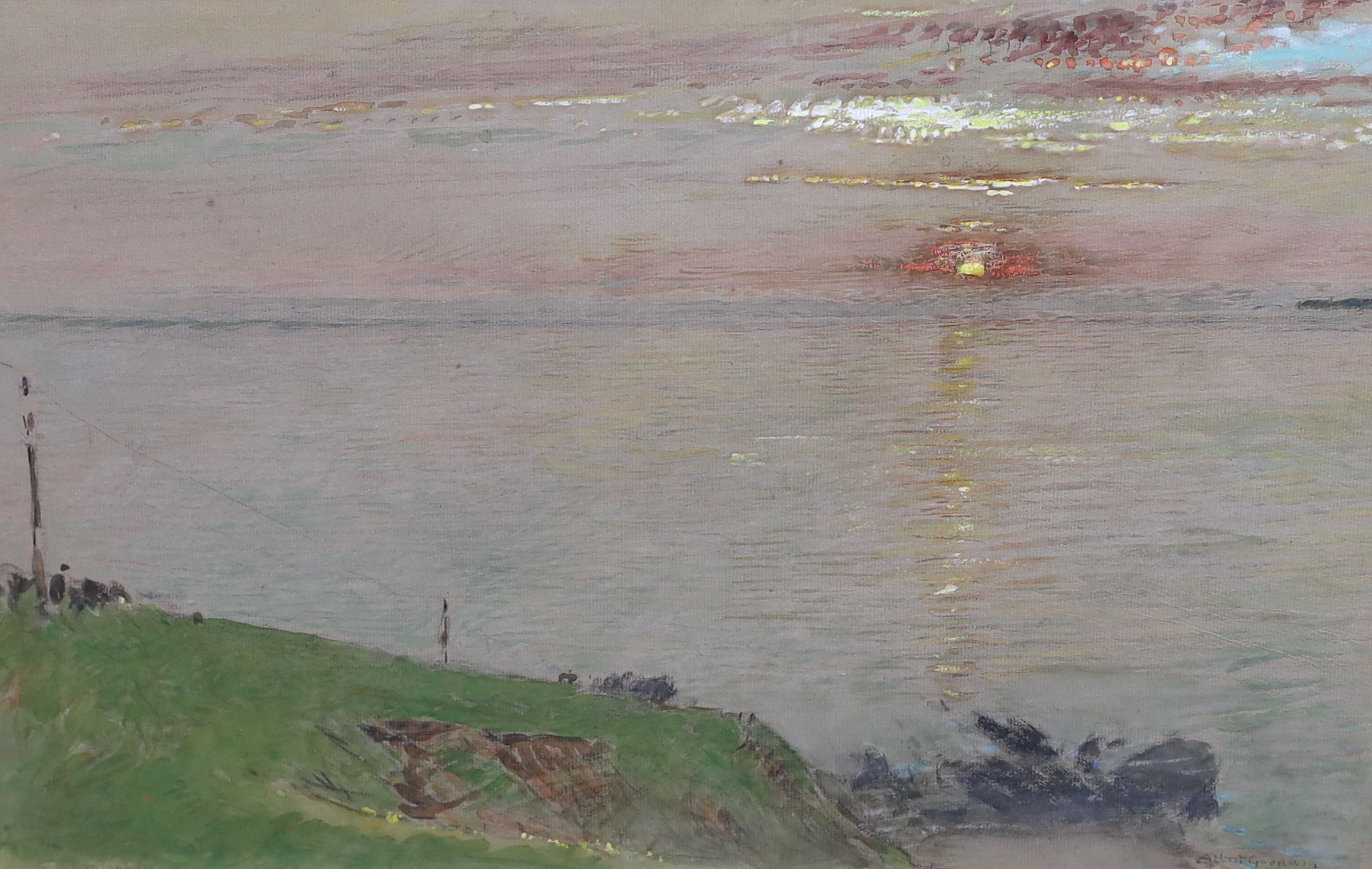Albert Goodwin RWS (British, 1845-1932), watercolour and gouache on grey paper, 'Sunset from the shore', signed and indistinctly titled, 29 x 46cm. Condition - fair to good
